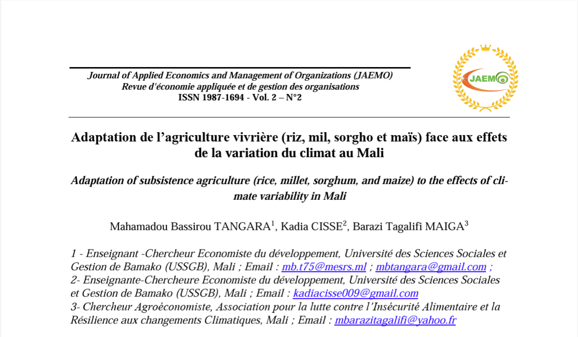 Adaptation de l’agriculture vivrière (riz, mil, sorgho et maïs) face aux effets de la variation du climat au Mali